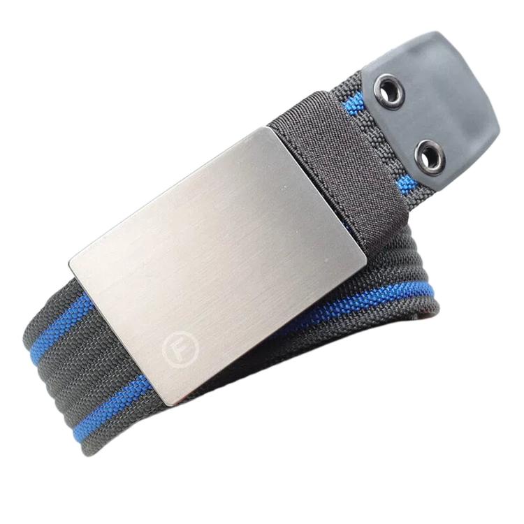 Dark gray canvas-nylon belt with smooth zinc alloy buckle and blue stripe accents