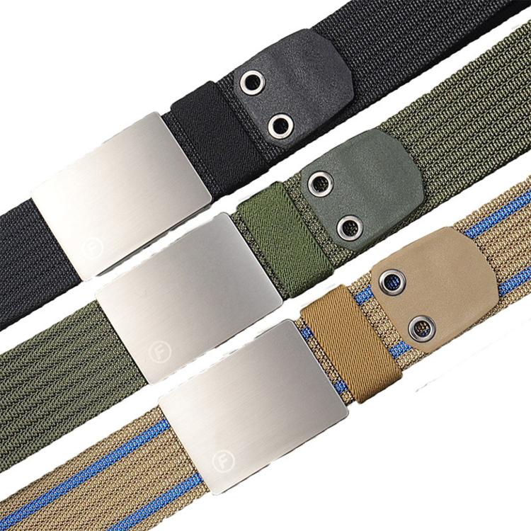 Nylon webbing belt with zinc alloy buckle; black, green, and tan straps shown.
