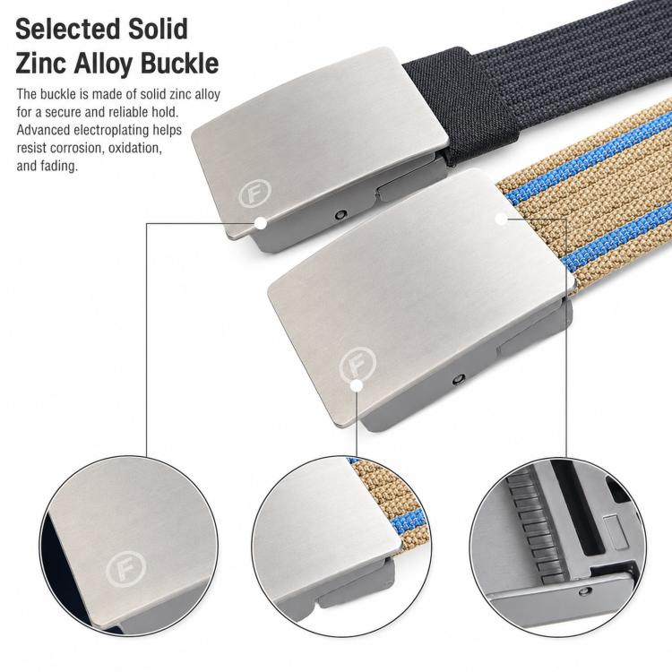 Zinc alloy buckle on black nylon webbing belt with blue accent stripe.