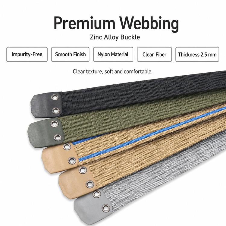 Men's nylon web belt set, dark, olive, tan, and gray tones with metal grommet tabs