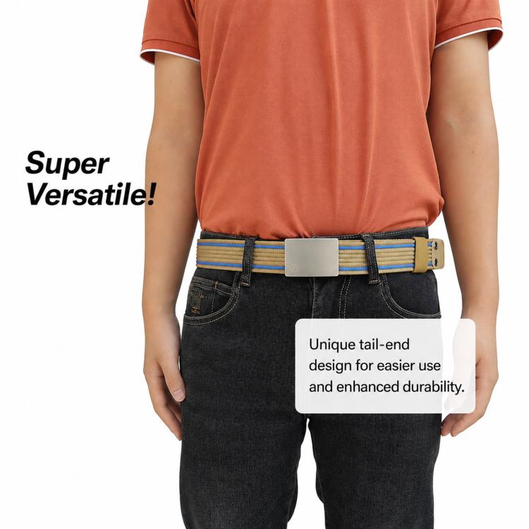 Men's nylon belt with smooth zinc buckle, blue-striped strap on dark denim jeans