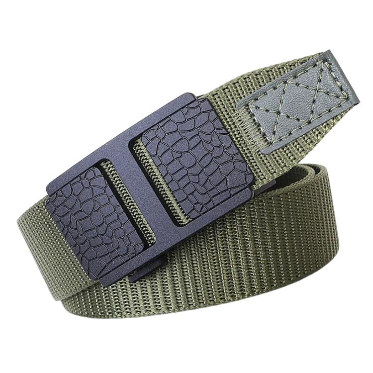 Men's nylon web belt with automatic buckle, army green strap and croc-style buckle plates