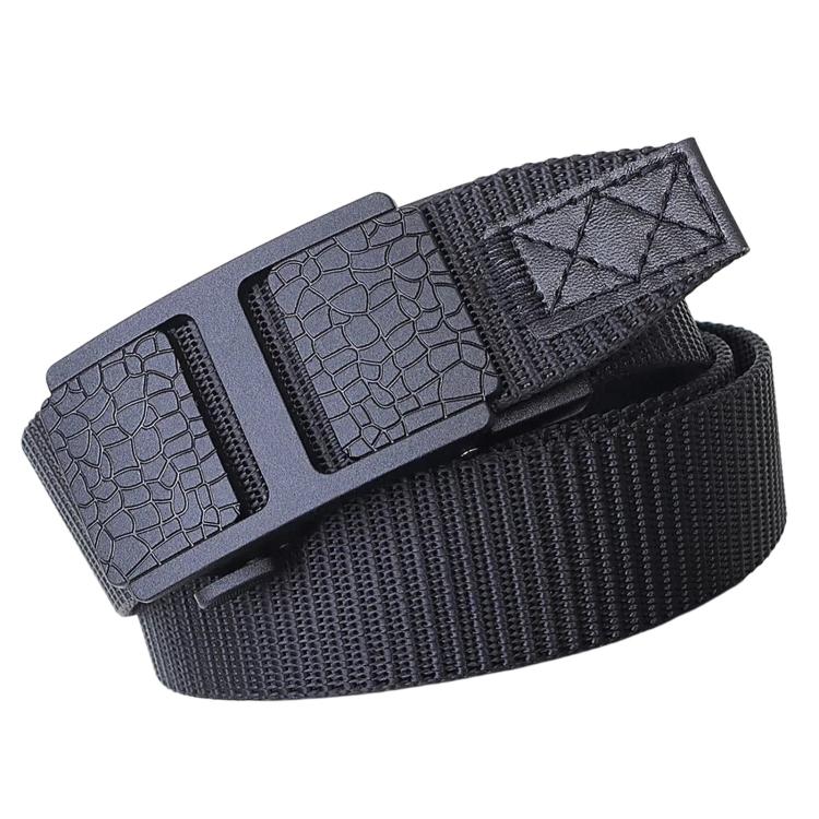 Men's black nylon web belt, automatic buckle detail with textured keeper and croc-style plates