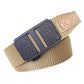 Men's khaki nylon web belt, automatic buckle detail with textured keeper and croc-style plates