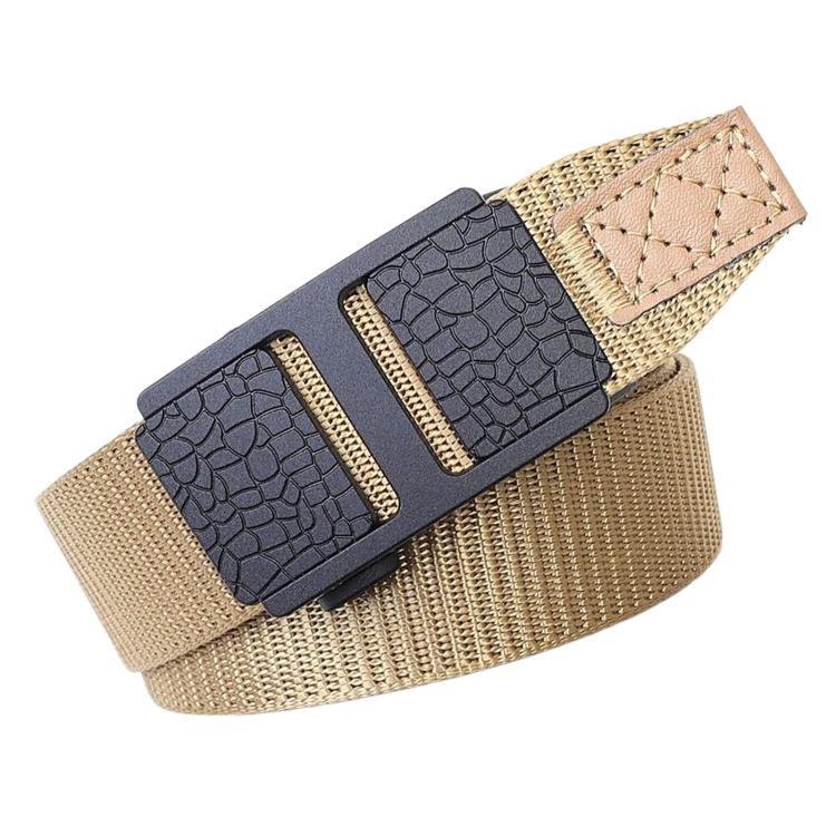 Men's khaki nylon web belt, automatic buckle detail with textured keeper and croc-style plates