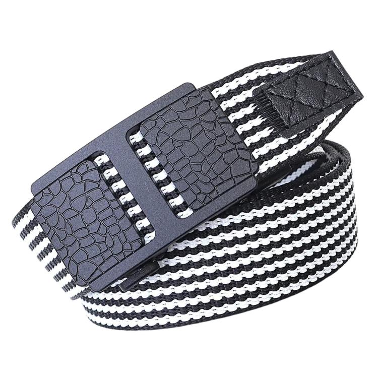 Black-and-white striped fabric belt with automatic locking buckle, close-up