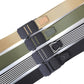 Nylon web belts with automatic buckles in tan, olive, black, and striped styles