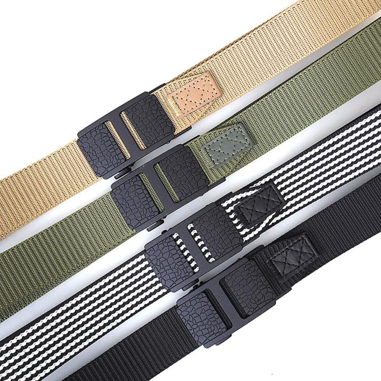 Nylon web belts with automatic buckles in tan, olive, black, and striped styles