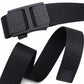 Black woven web belt with matte automatic buckle and strap end