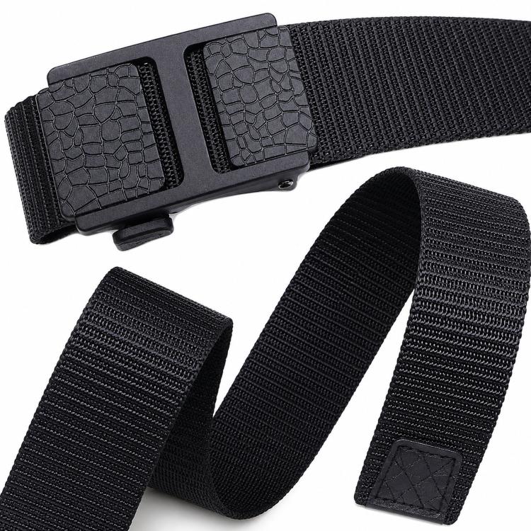 Black woven web belt with matte automatic buckle and strap end