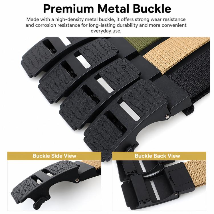 Matte black automatic belt buckle with textured finish on woven web belt