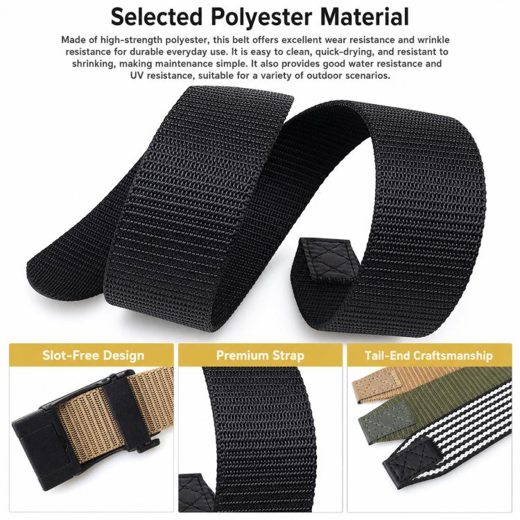 Black polyester web belt strap with textured weave and flexible fit