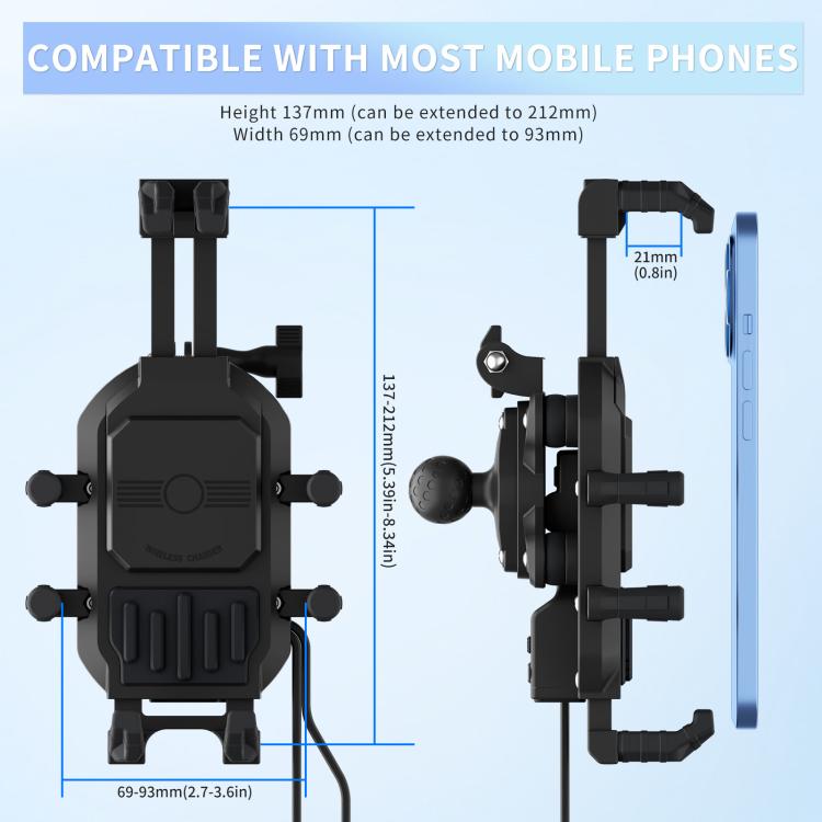 Motorcycle Wireless Charging Phone Holder With A+C Port Fast Charging Anti-theft Features, Mirror Base