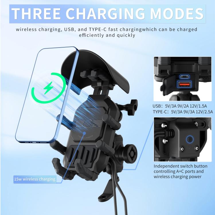 Motorcycle Wireless Charging Phone Holder With A+C Port Fast Charging Anti-theft Features, Mirror Base