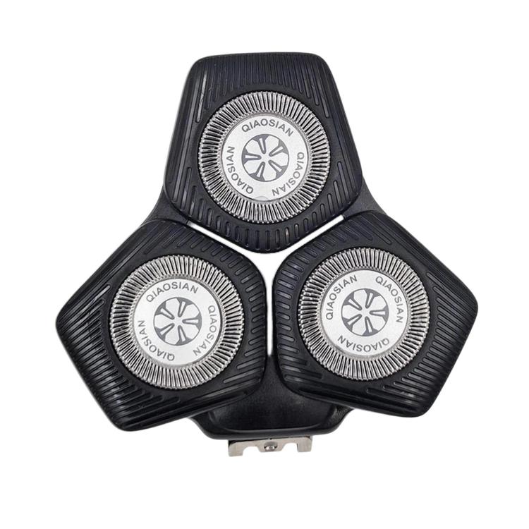 Black shaver replacement head with three circular foil trimmer blades.