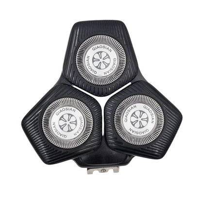 Black shaver replacement head with three circular foil trimmer blades.