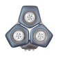 Blue grey shaver replacement head with three circular foil trimmer blades.