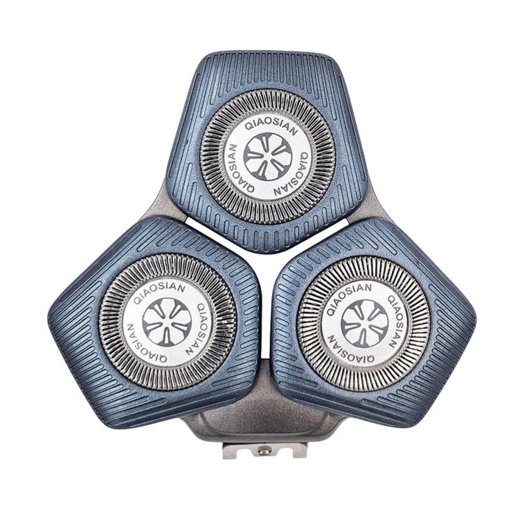 Blue grey shaver replacement head with three circular foil trimmer blades.