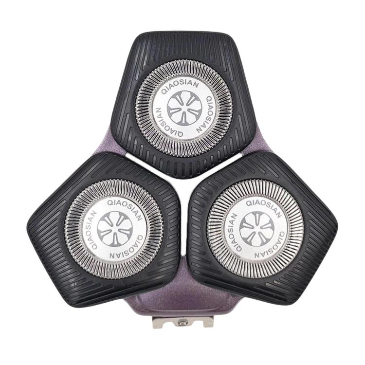 Black and purple shaver replacement head with three circular foil trimmer blades.