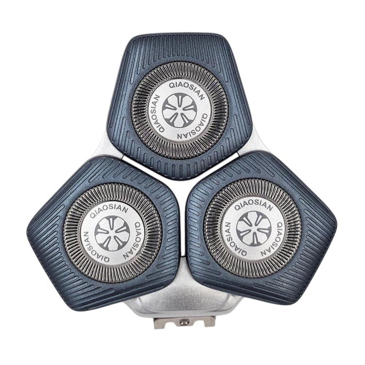 Blue shaver replacement head with three circular foil trimmer blades.