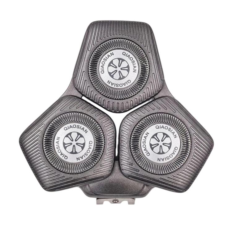 Grey shaver replacement head with three circular foil trimmer blades.