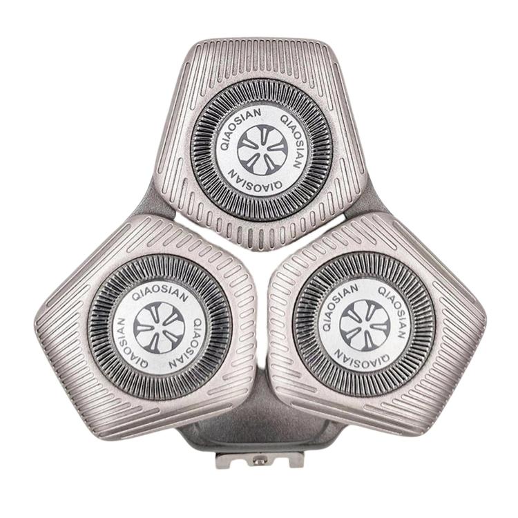 Silver shaver replacement head with three circular foil trimmer blades.
