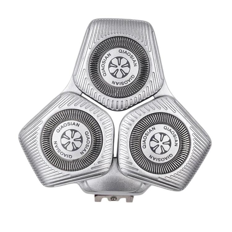 Light silver shaver replacement head with three circular foil trimmer blades.