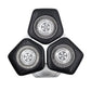 Black shaver replacement head with three circular foil trimmer blades and base tab.