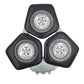 Dark black shaver replacement head with three circular foil trimmer blades.