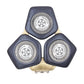 Blue and gold shaver replacement head with three circular foil trimmer blades.