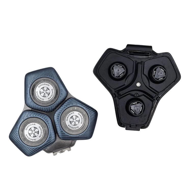 Shaver replacement head set with three blue-gray foil blades and matching black housing