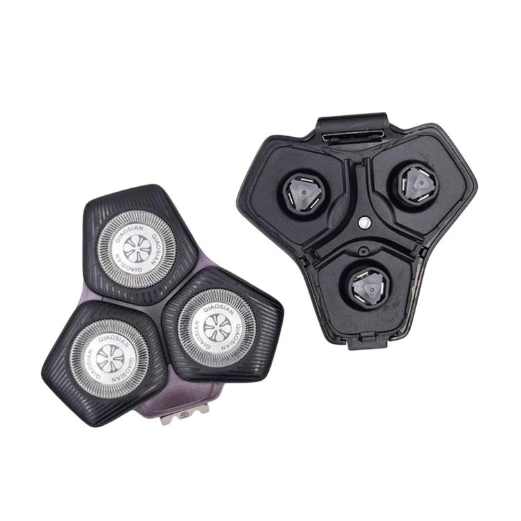 Shaver replacement head set with three purple-gray foil blades and matching black housing