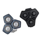Shaver replacement head set with three light blue foil blades and matching black housing