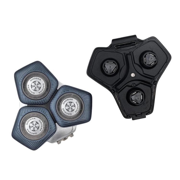 Shaver replacement head set with three light blue foil blades and matching black housing
