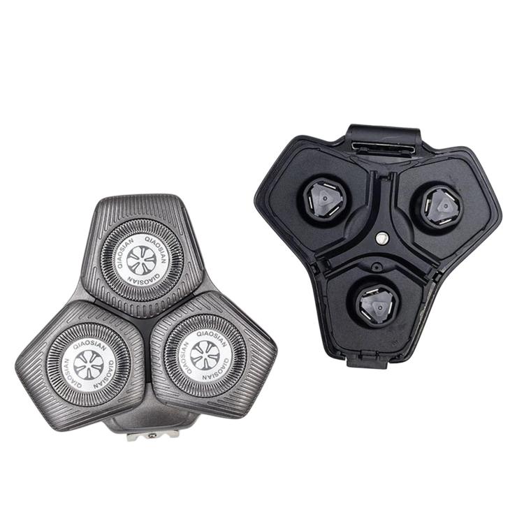 Shaver replacement head set with three silver foil blades and matching black housing