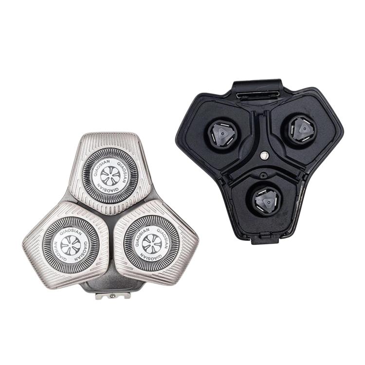 Shaver replacement head set with three silver foil blades and matching dark housing