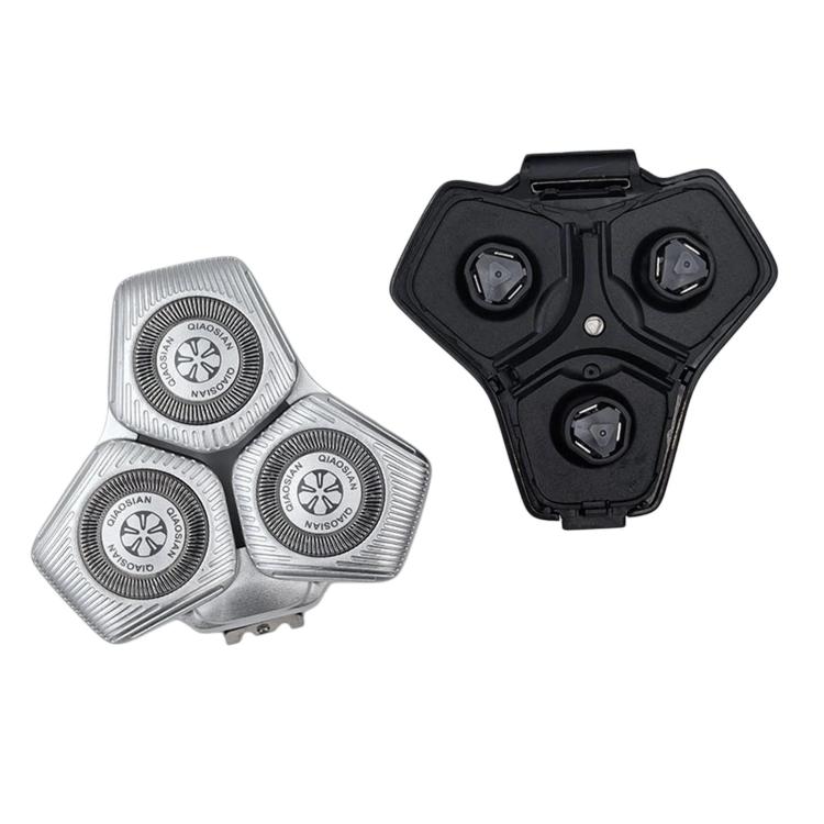 Shaver replacement head set with three silver foil blades and matching black housing