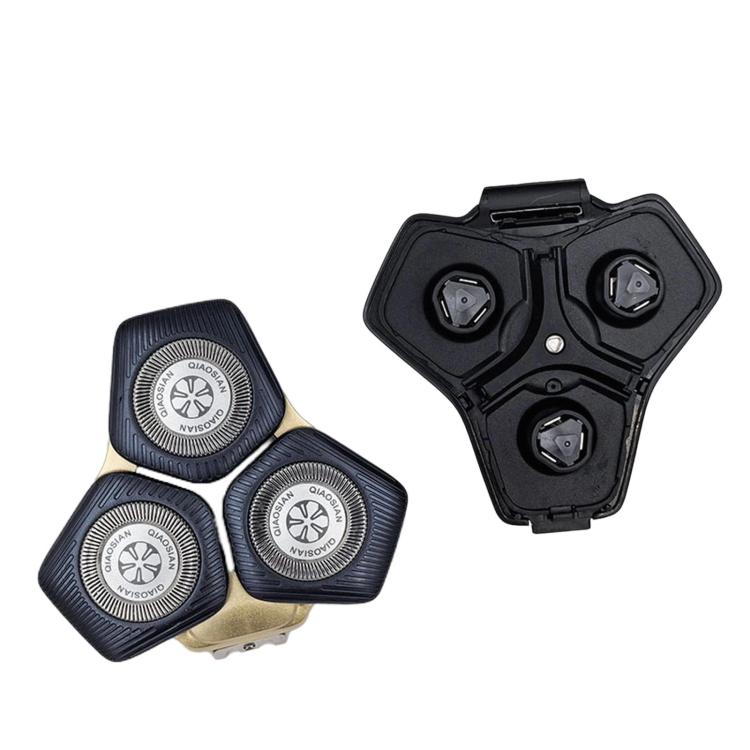 Shaver replacement head set with three blue-gray foil blades and matching black housing