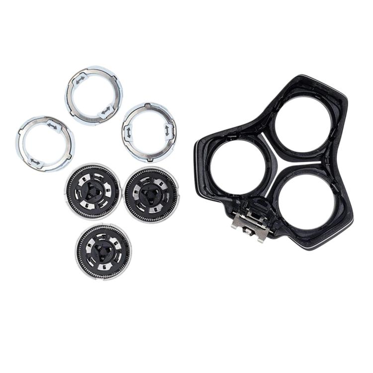 Rotary shaver replacement head parts with plastic frame and cutter rings