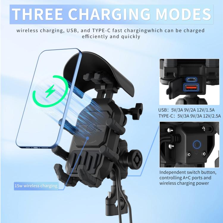 Motorcycle Shock-Absorbing Wireless Fast Charging Camera Phone Navigation Holder, Handlebar