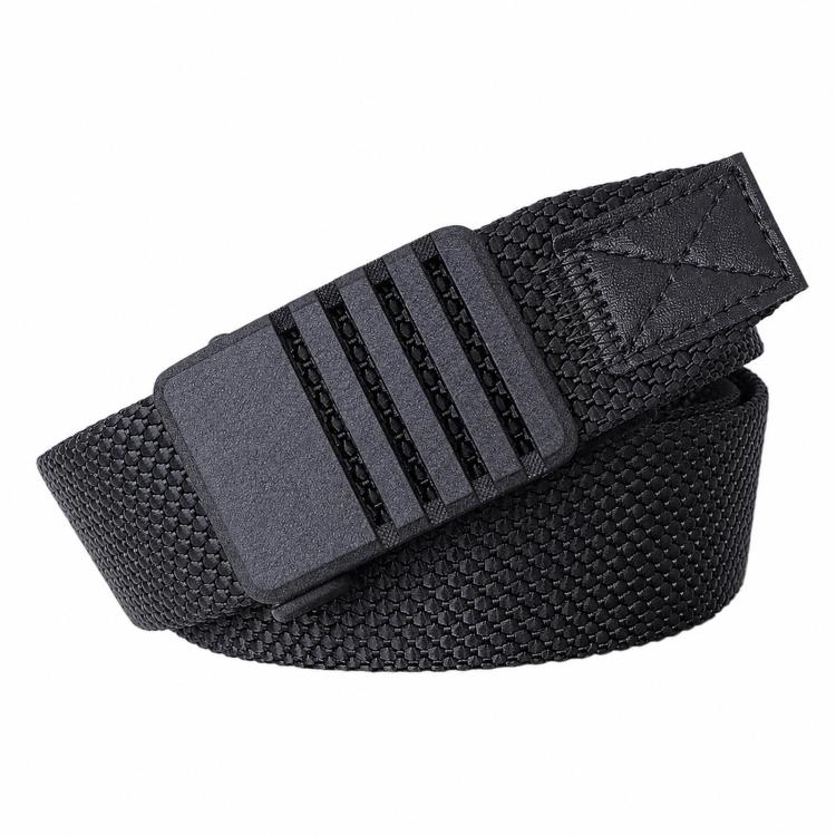 Automatic buckle nylon belt for men, black woven strap with striped buckle face