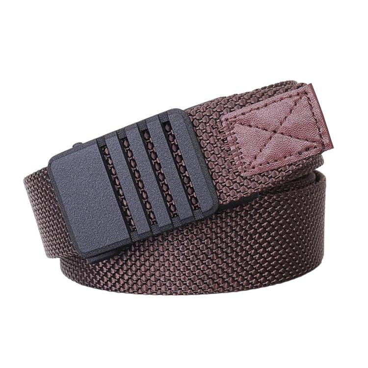 Automatic buckle nylon belt for men, dark brown textured strap with automatic buckle stripes