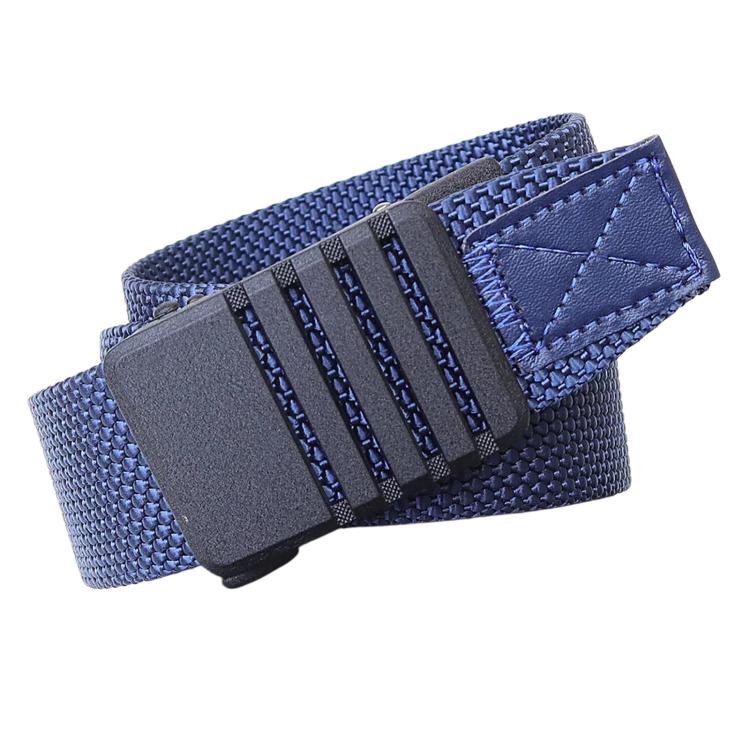 Nylon automatic buckle belt with textured woven strap, dark blue and black buckle