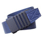 Nylon automatic buckle belt, dark blue strap with black automatic buckle, angled view