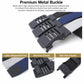 Nylon belt with automatic metal buckle, side and back views with dark and blue straps