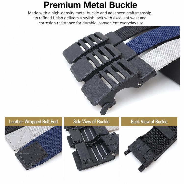 Nylon belt with automatic metal buckle, side and back views with dark and blue straps