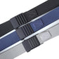 Automatic buckle nylon belt close-up with textured straps in dark, blue, and gray
