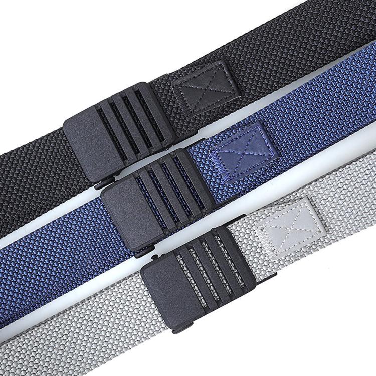 Automatic buckle nylon belt close-up with textured straps in dark, blue, and gray