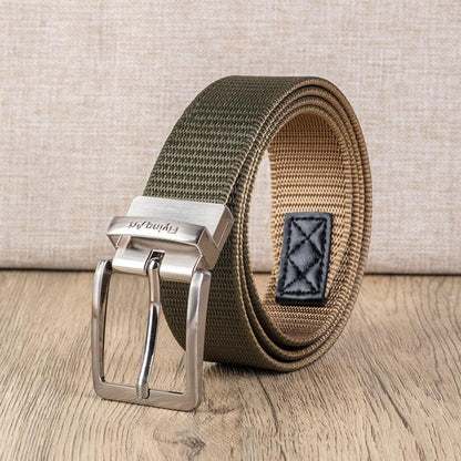Men's casual nylon belt with olive green woven strap and rotating pin buckle