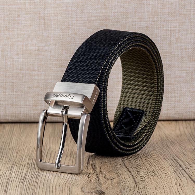 Men's casual nylon belt with dark navy woven strap and silver rotating pin buckle